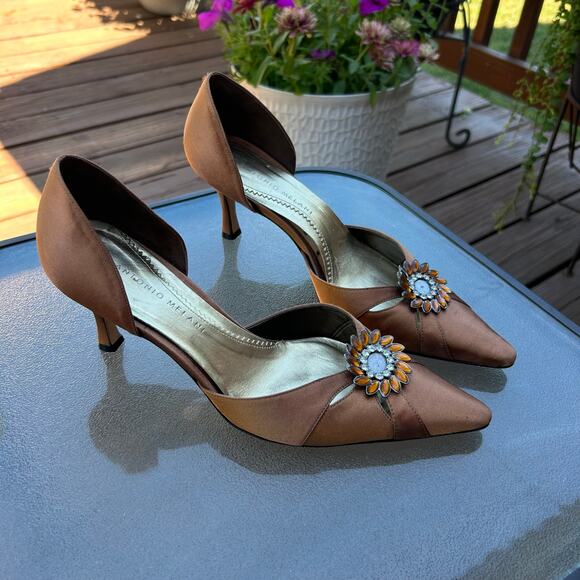 ANTONIO MELANI Shoes - Antonio Melani Peony Womens 7.5 Brown Satin Jeweled D’Orsay Pumps Heels